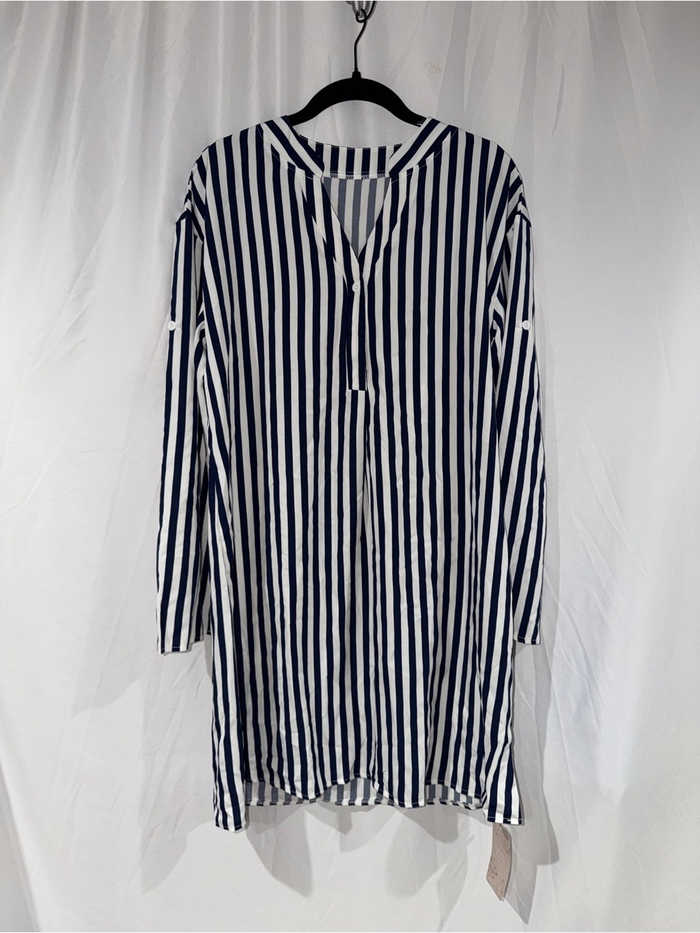 Emery Rose Dress Mini Striped Navy White Long Sleeve Nautical V Neck Dress L